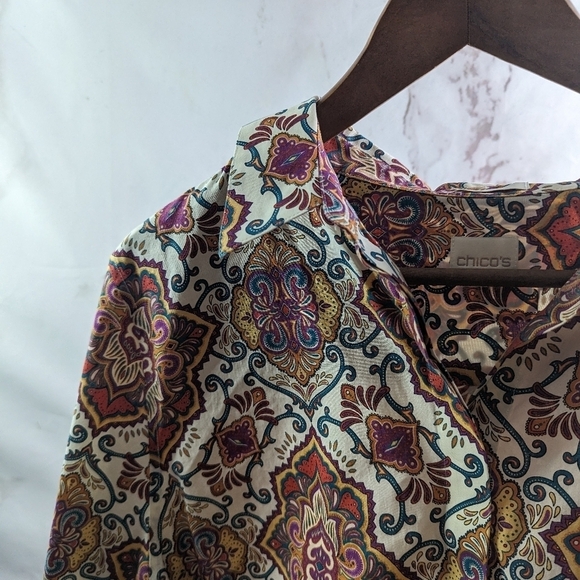 Chicos Shirt Women XL 3 Pink White Paisley Non Iron Wrinkle Button Up Back - Picture 2 of 12